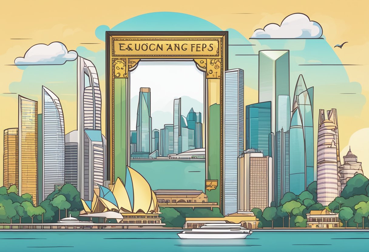 A photo frame with "Frequently Asked Questions" text, set against a backdrop of iconic Singapore landmarks