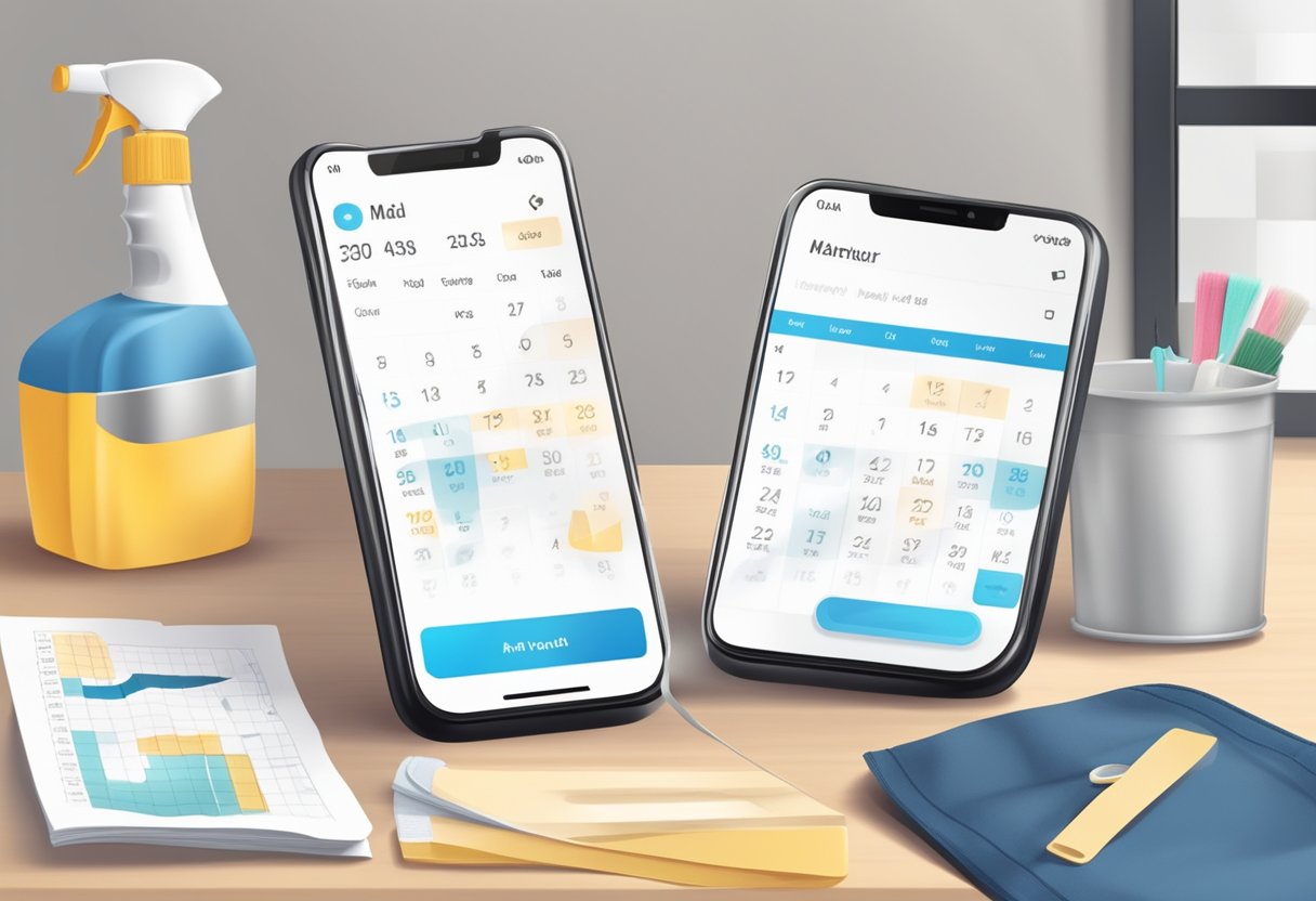A maid service booking app on a smartphone with a calendar, cleaning supplies, and a checklist on a table