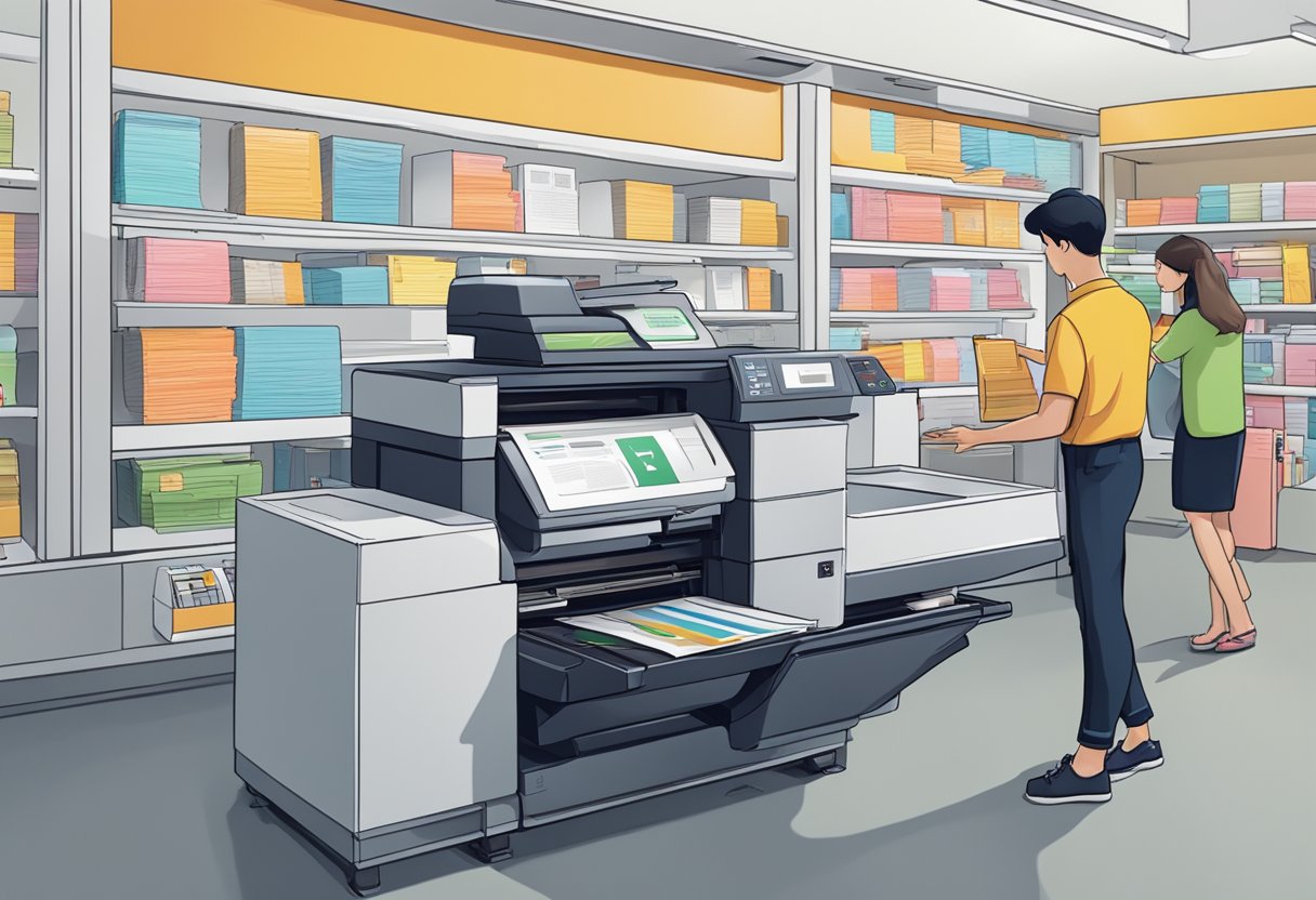 A printer in a busy Singapore shop, with a stack of "Frequently Asked Questions" posters being fed into the machine