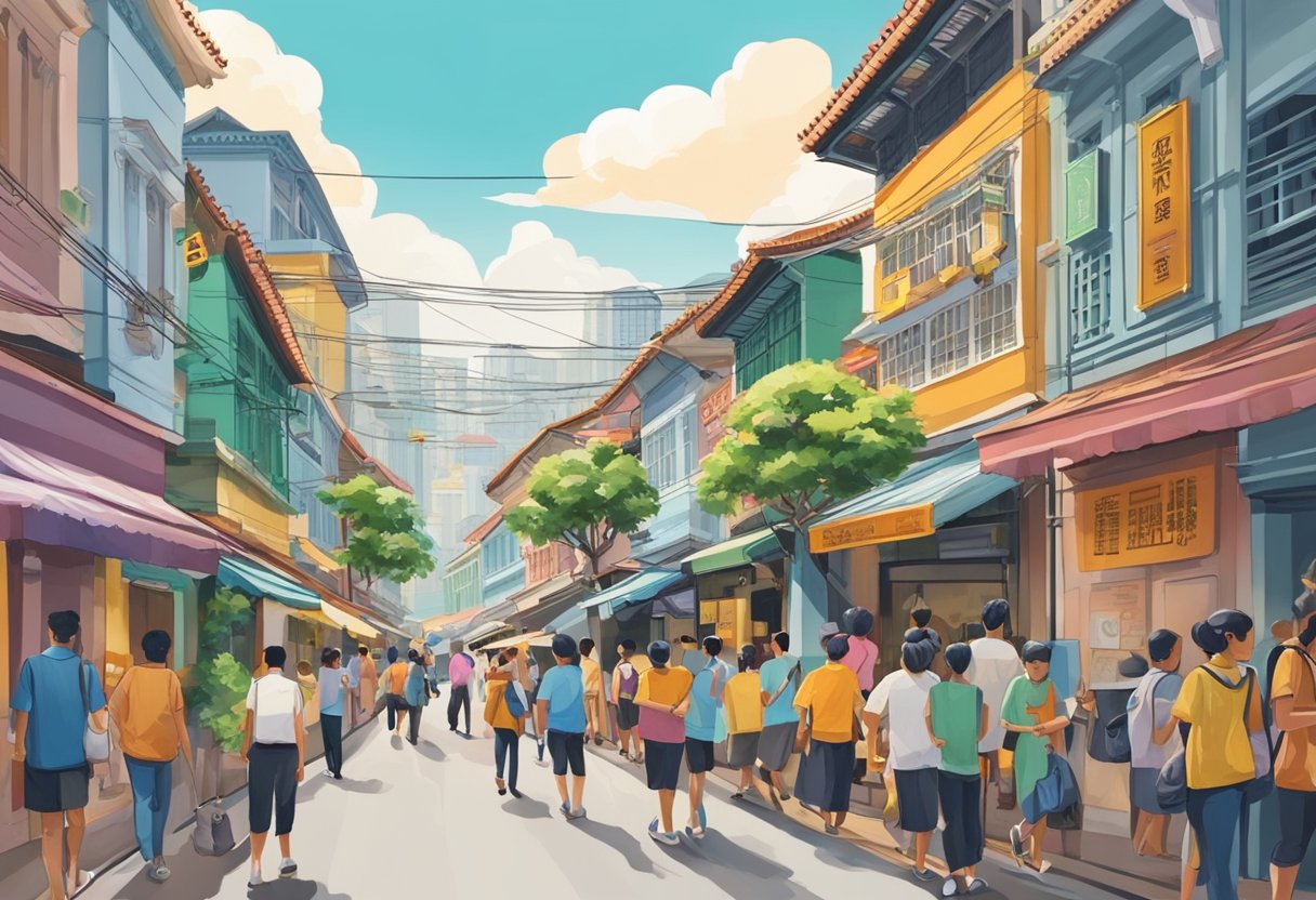 A bustling street in Singapore, with colorful shophouses and vibrant signs. People navigate through the narrow lanes, while the iconic Singaporean lion statue stands proudly in the background