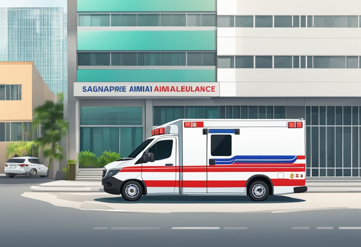 A non-emergency ambulance parked outside a building, with a sign displaying important contact numbers for Singapore ambulance services