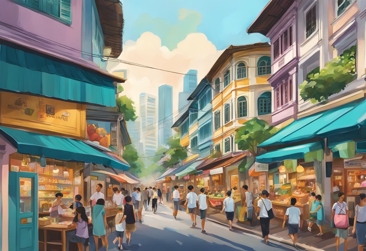 A bustling street in Sabon, Singapore, with colorful shophouses, bustling markets, and vibrant street art