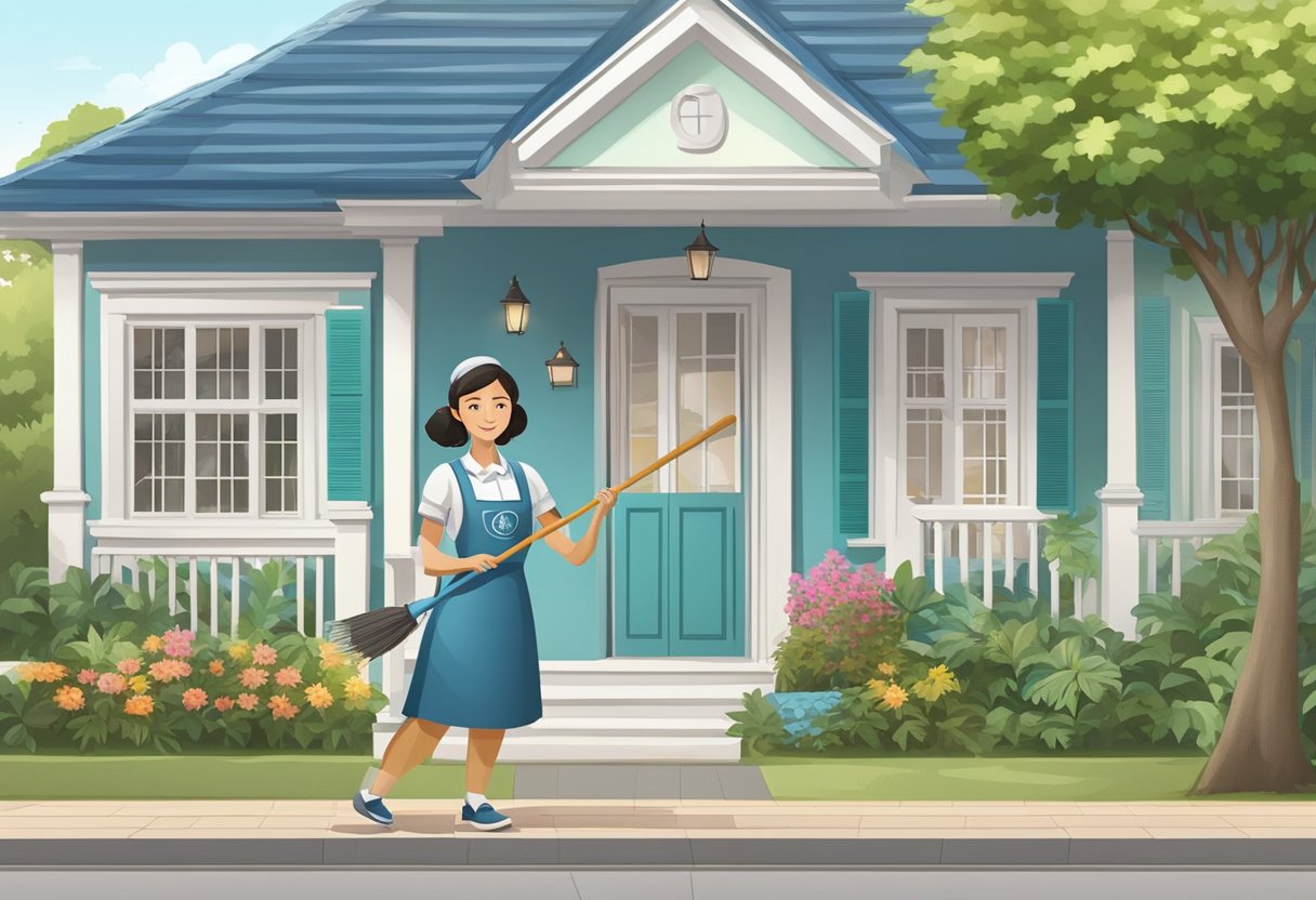 A maid in uniform holding a broom and dustpan, standing in front of a house with a "Frequently Asked Questions" sign in Singapore