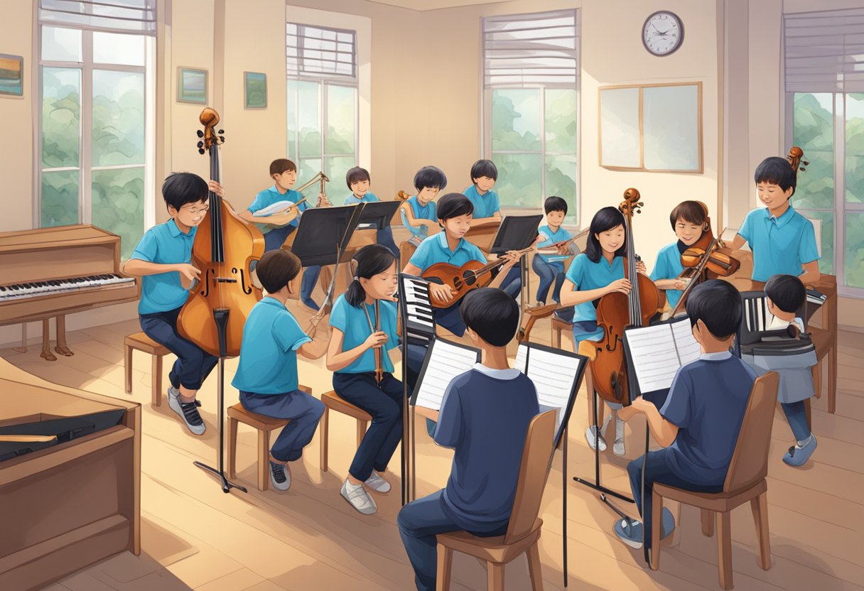 Students playing various instruments in a music school classroom in Singapore