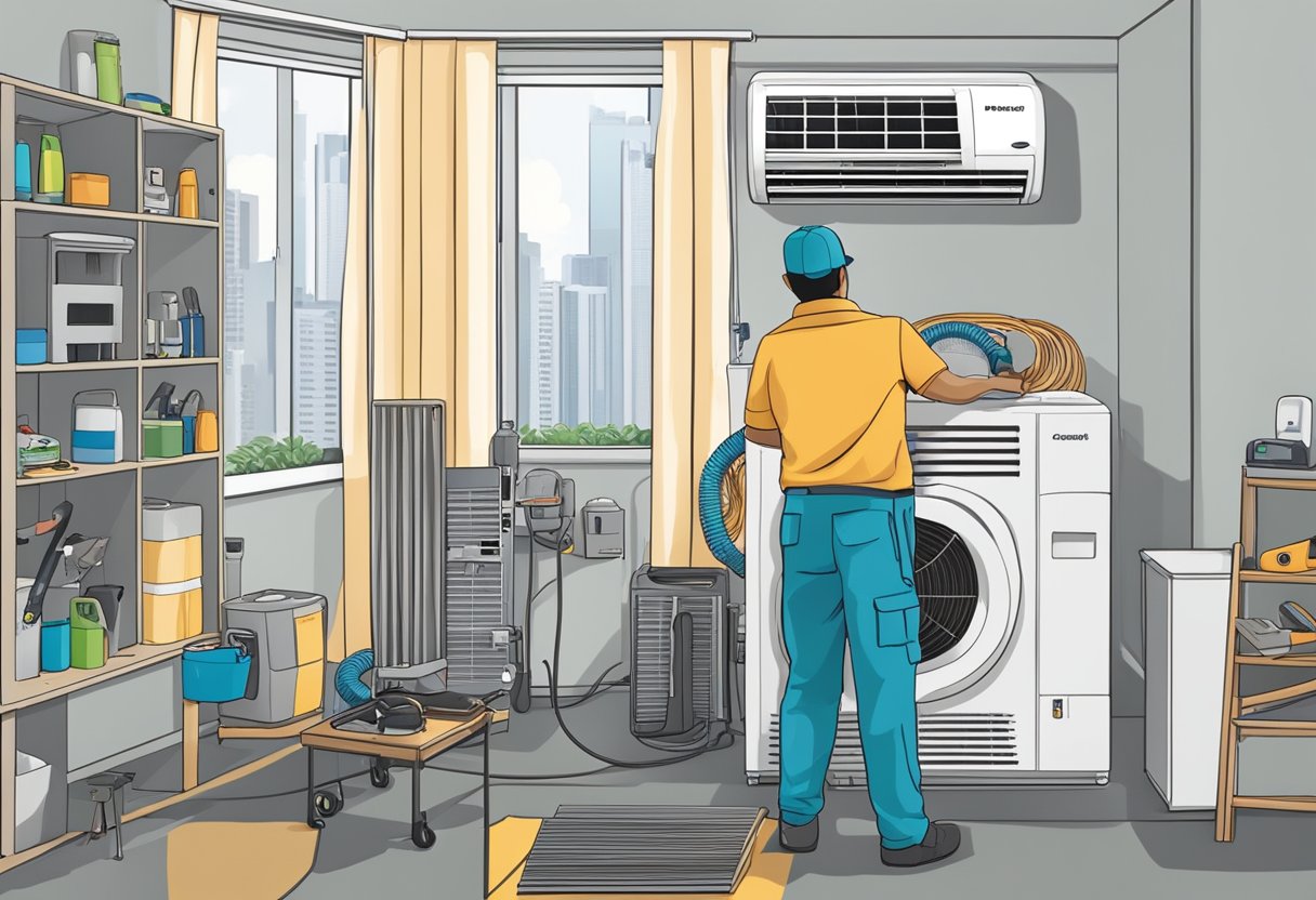 A technician installs an aircon unit in a Singaporean home, surrounded by tools and equipment