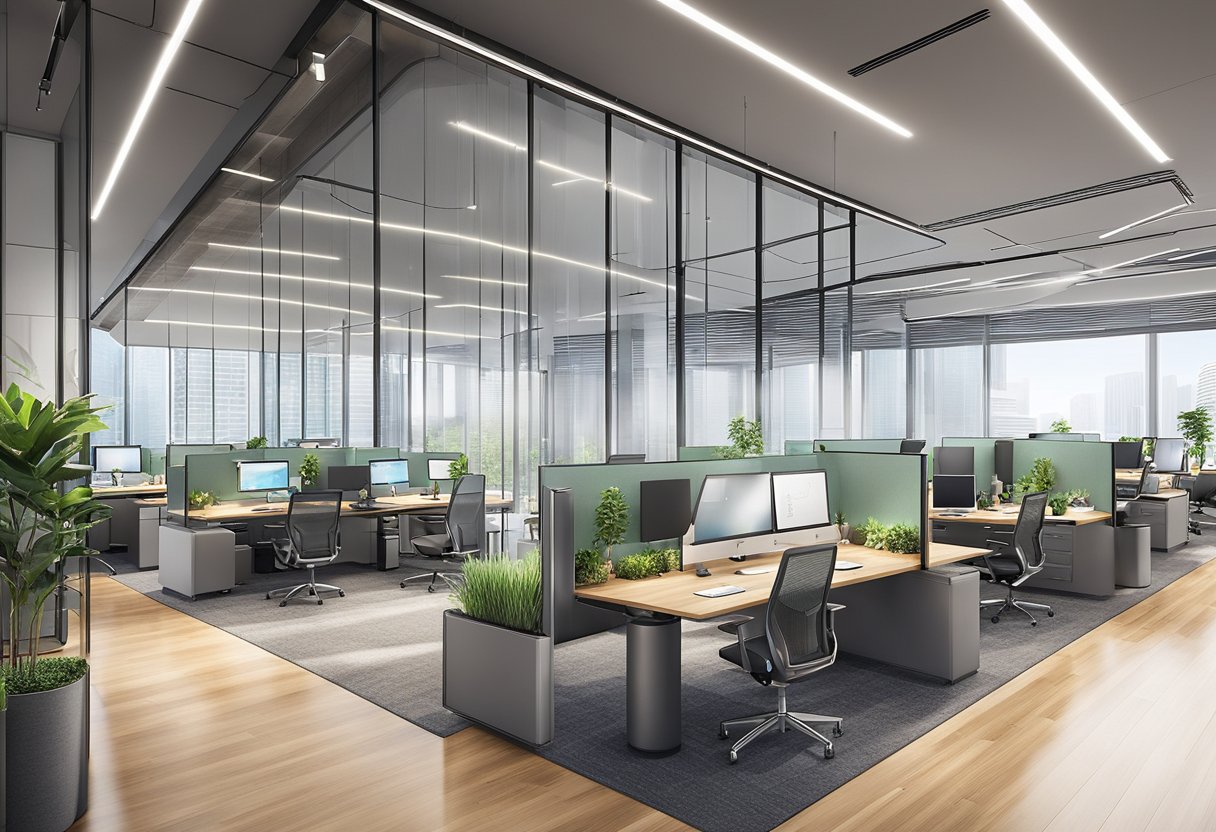 The Amazon Singapore office features modern architecture, with glass walls and a sleek, futuristic design. The interior is spacious and brightly lit, with open workstations and communal areas for collaboration