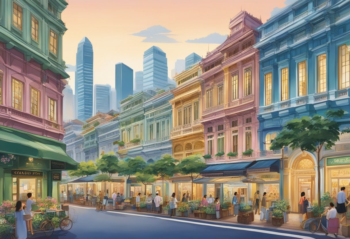 The bustling streets of Singapore showcase Sabon's heritage and founders' influence in the vibrant colors and intricate architectural designs of the city's buildings