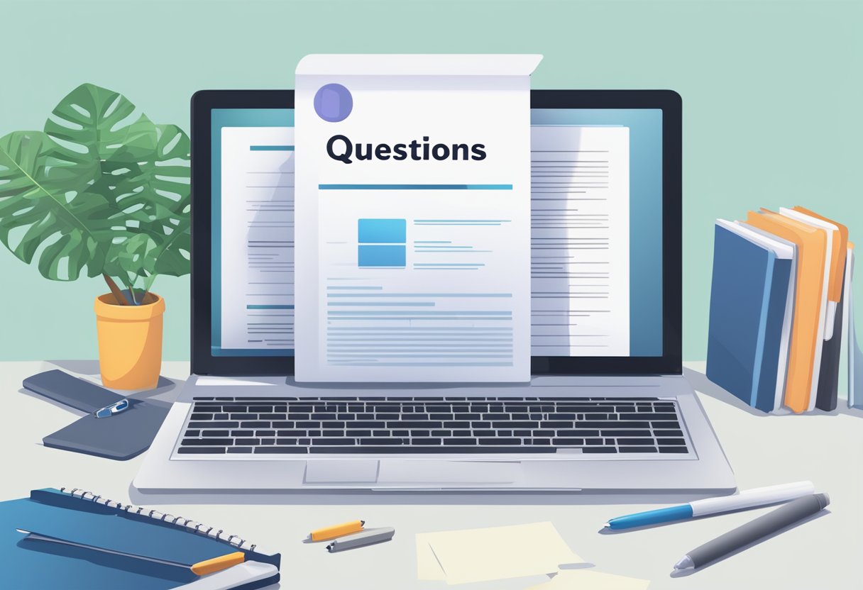 A stack of papers with the title "Frequently Asked Questions riway singapore" on top, surrounded by a computer, pen, and notebook