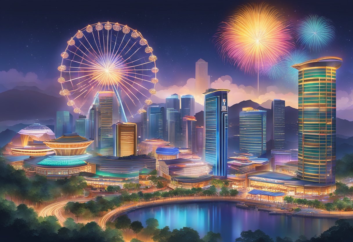 The vibrant lights of Genting Singapore illuminate the night sky, casting a colorful glow over the bustling streets and lively entertainment venues