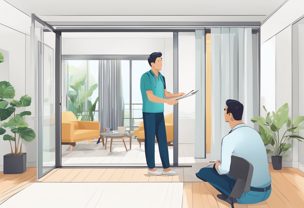 A person measures room dimensions, researches aircon options, and consults with a professional for aircon installation in Singapore