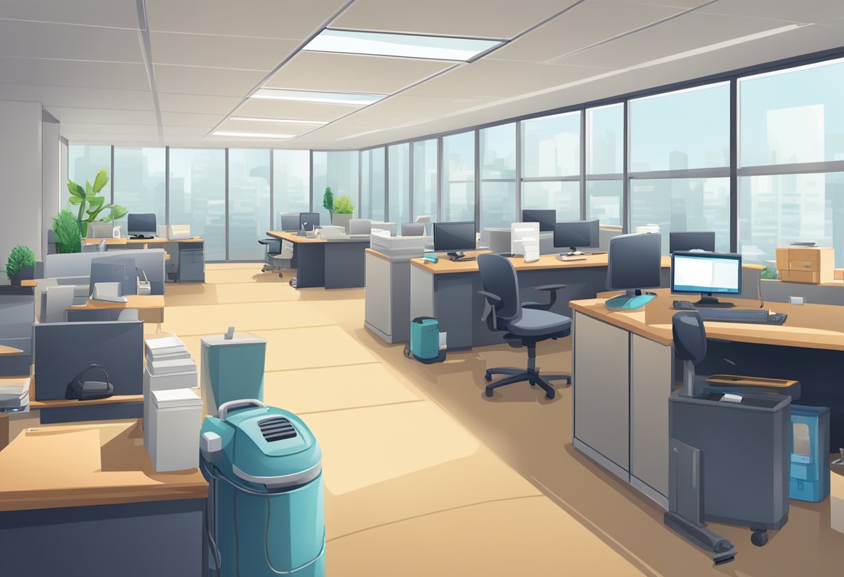 The office floor is spotless, with a vacuum cleaner and mop nearby. Desks are tidy, and trash bins are empty. Windows are gleaming, and the air smells fresh