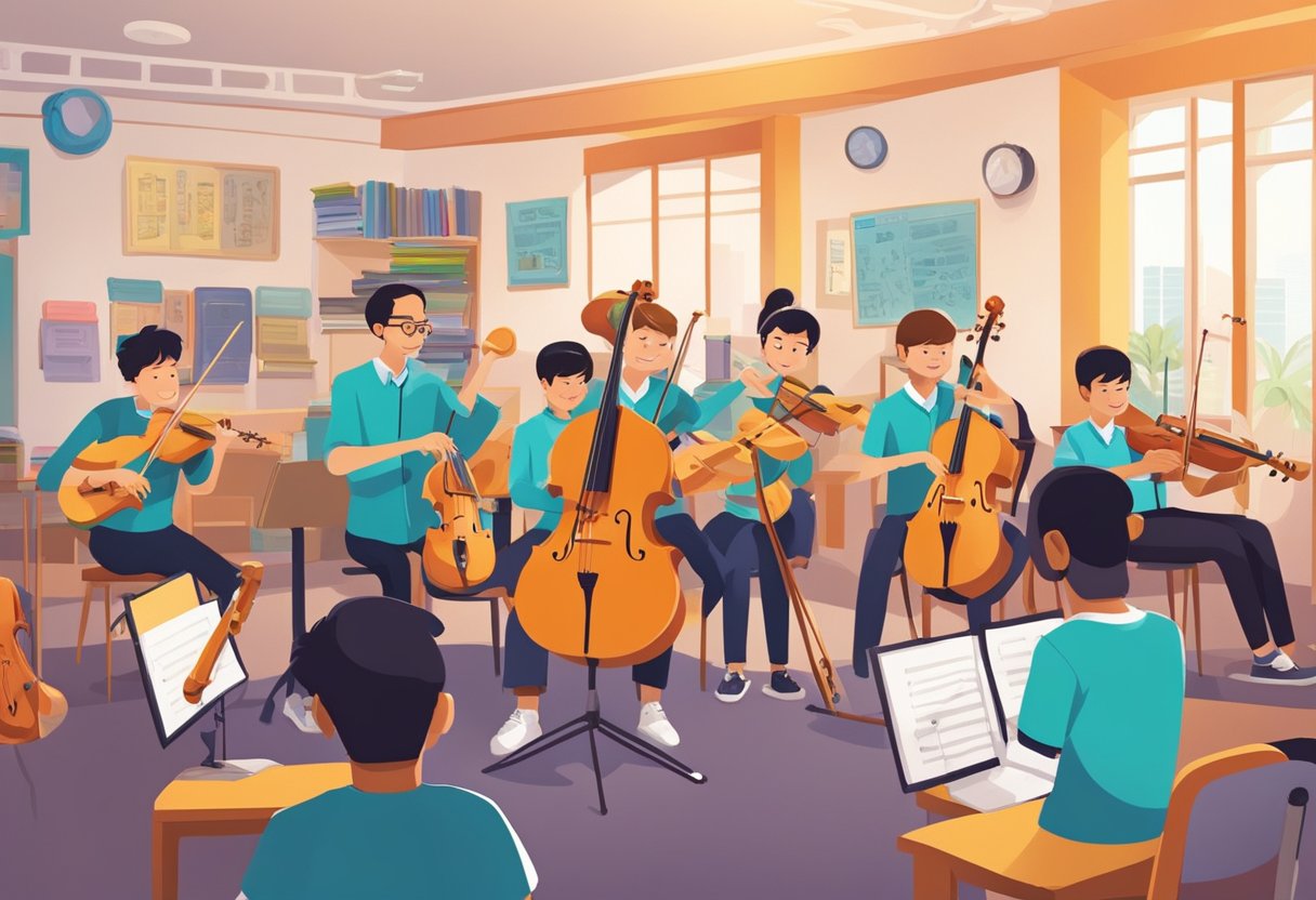 Students and teachers navigate through a vibrant and bustling music school in Singapore, with various instruments and practice rooms creating a lively and energetic atmosphere