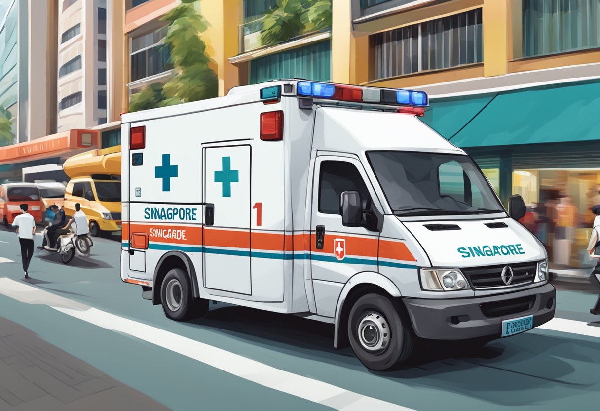 An ambulance with "Singapore Ambulance Number" prominently displayed on its side, rushing through a busy urban street
