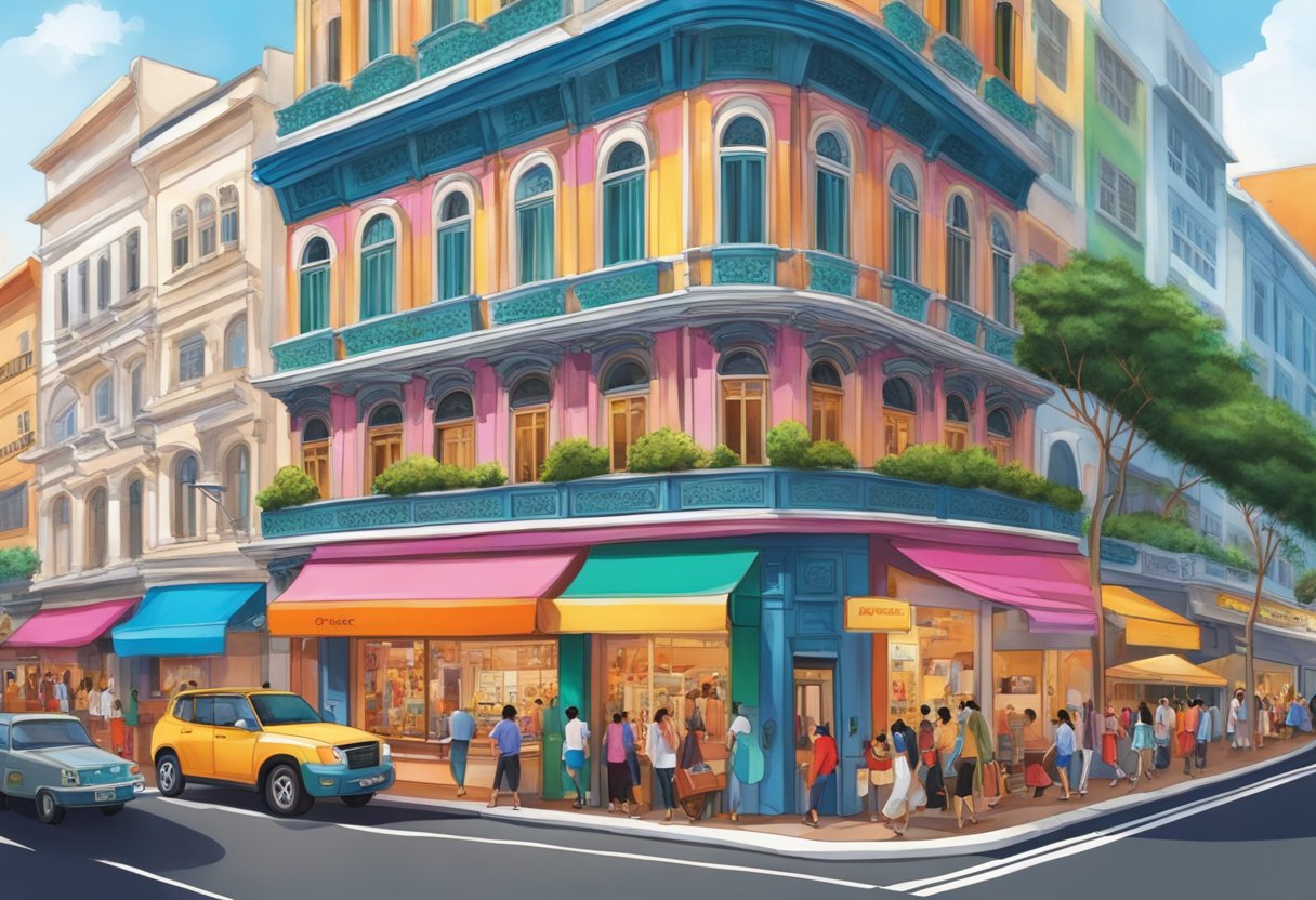 A bustling street in Singapore, with the iconic Pierre Cardin store front standing out among the colorful and vibrant surroundings
