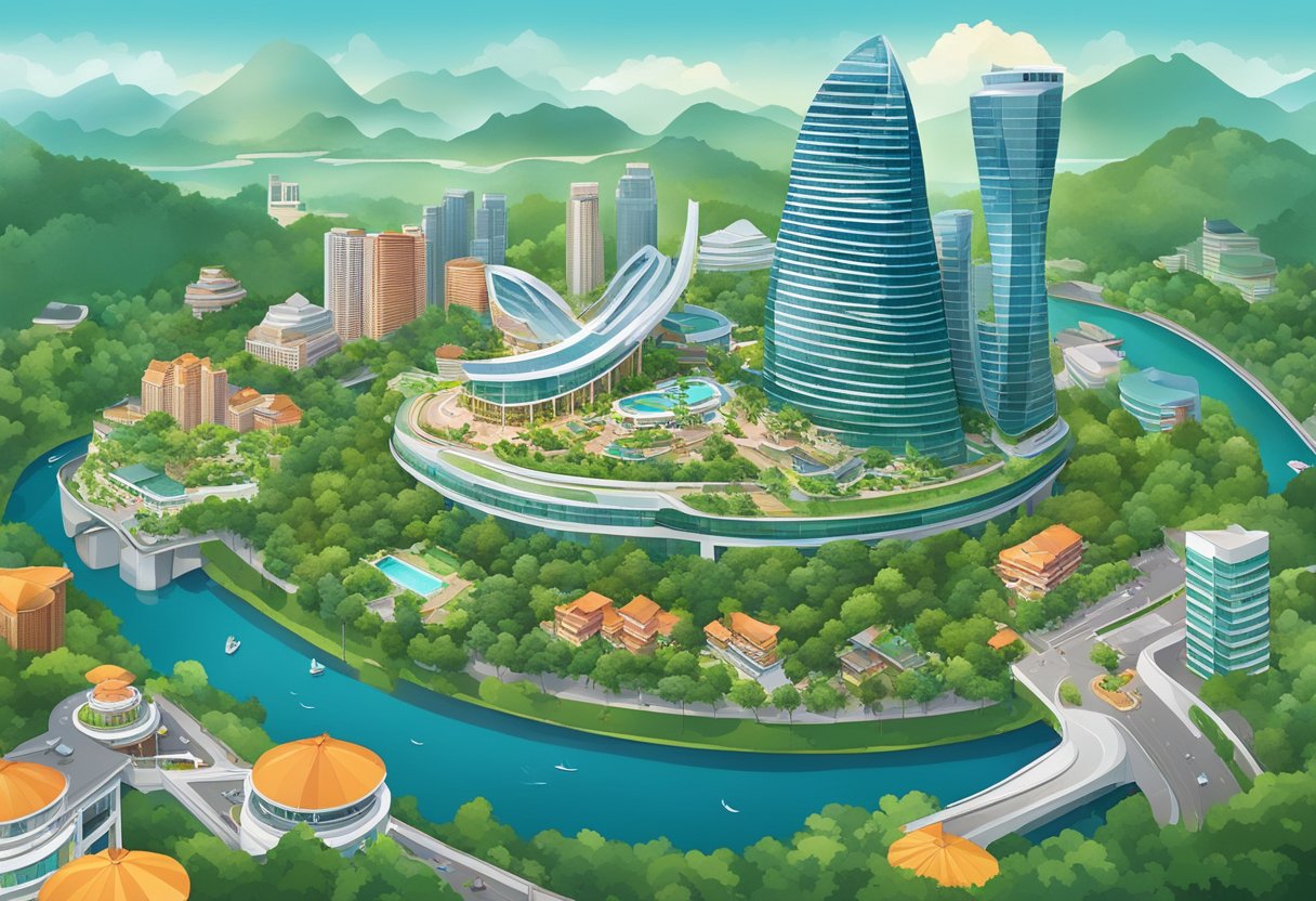 An aerial view of Genting Singapore, showing the iconic skyline, lush greenery, and bustling waterfront