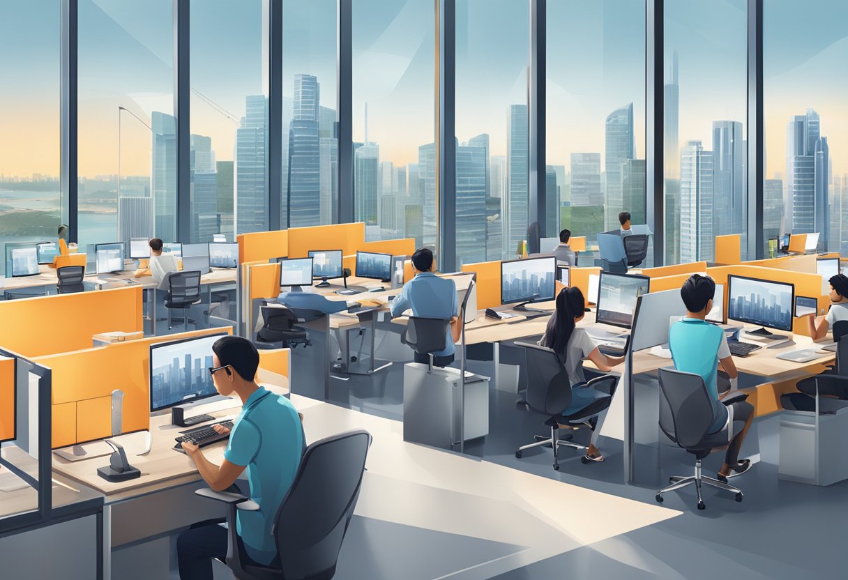 Employees typing at desks in a modern office with Amazon Singapore branding and large windows overlooking the city skyline