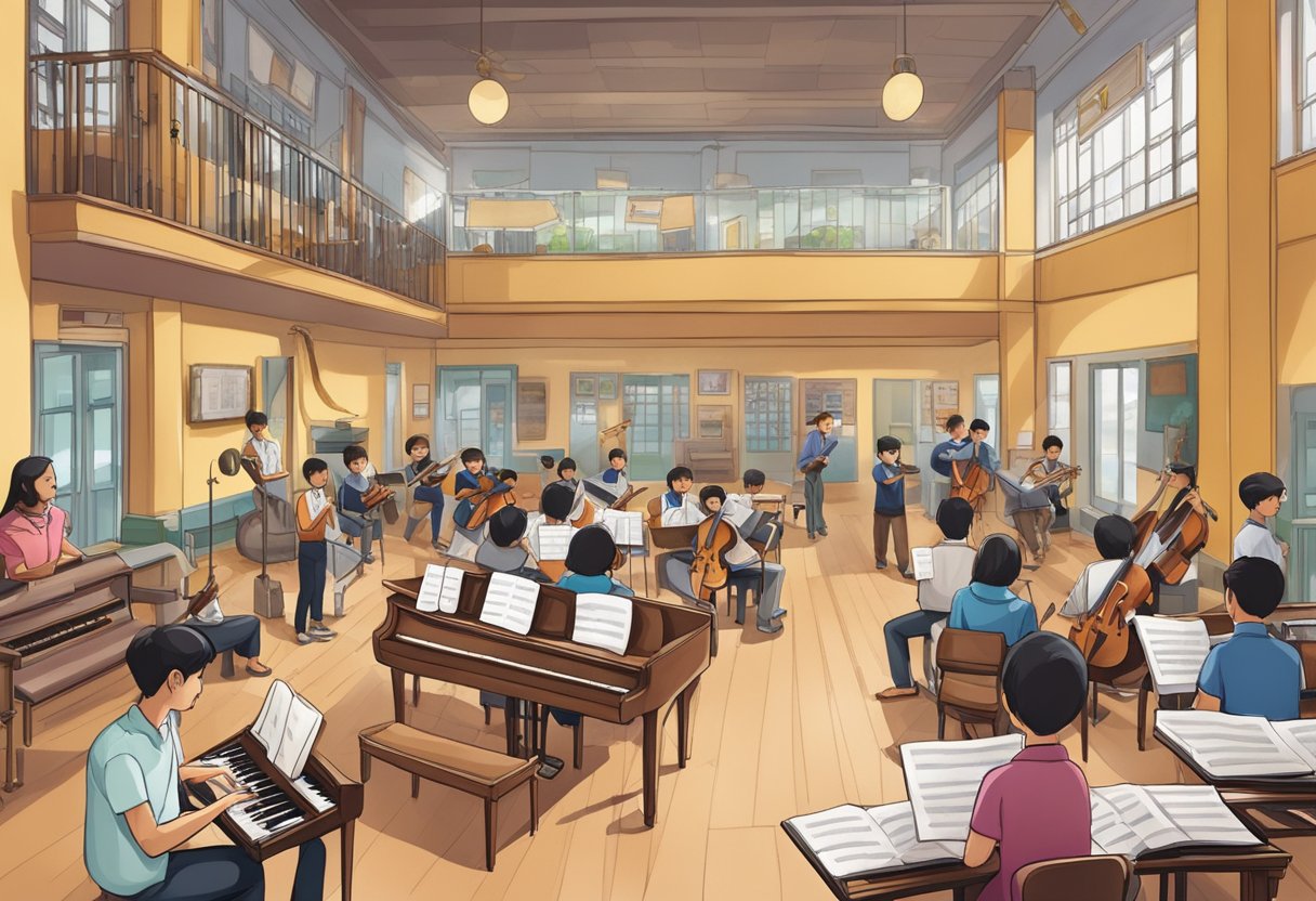 A bustling music school in Singapore, with students enrolling and progressing in various instruments and classes. Instruments, music sheets, and eager learners fill the vibrant space