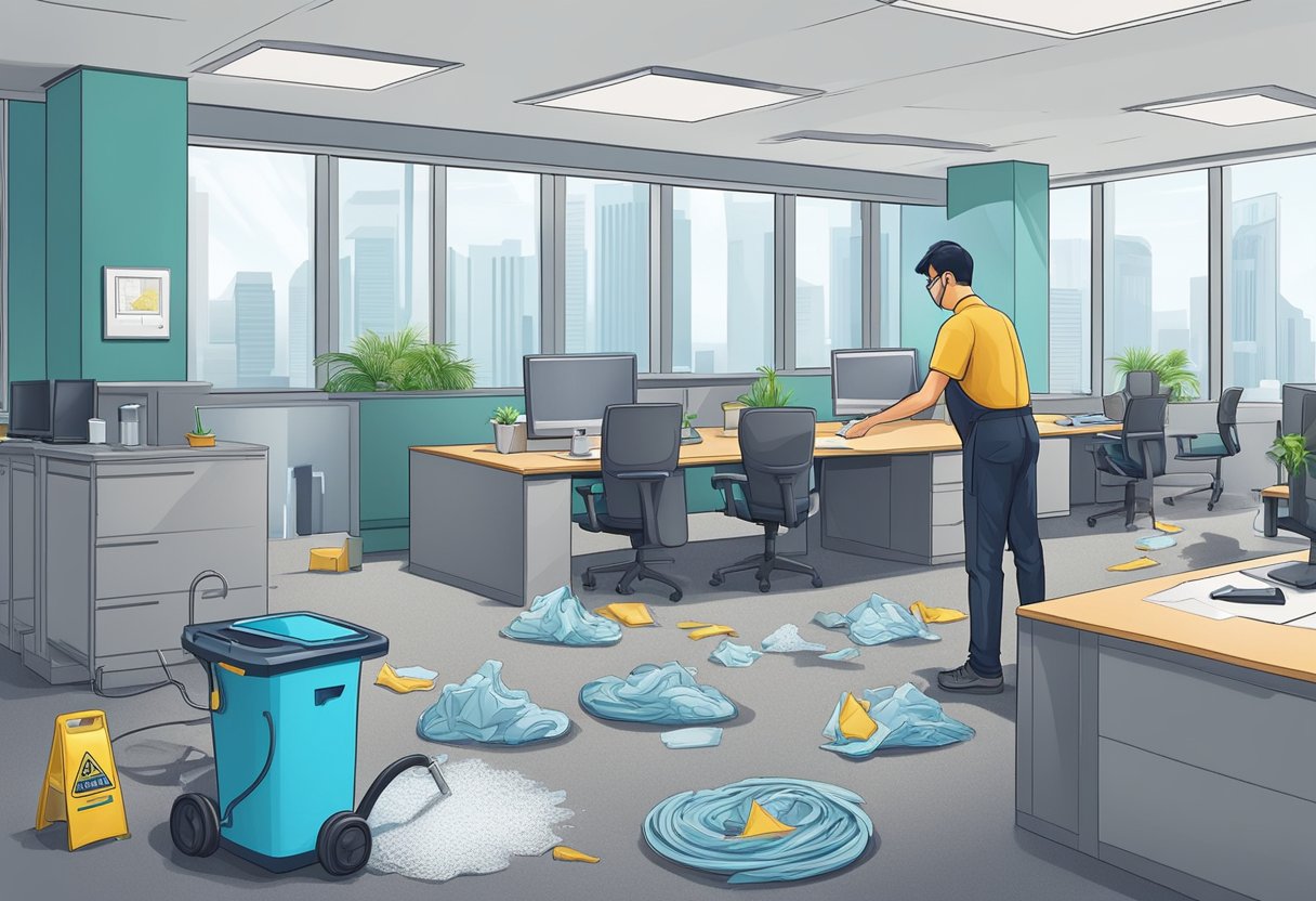 A professional cleaner meticulously wipes down desks, vacuums carpets, and empties trash cans in a modern office space in Singapore