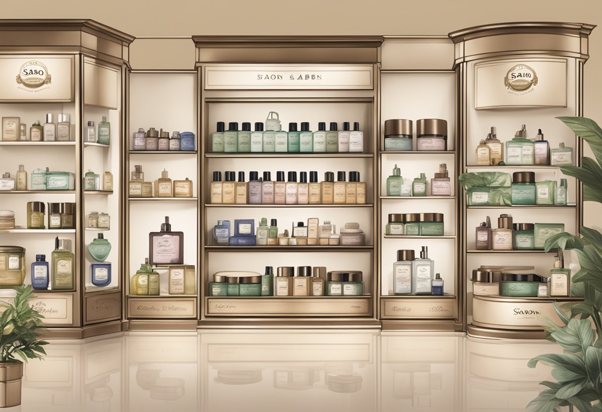 A display of Sabon Singapore product range, showcasing various skincare and beauty products in a well-organized and visually appealing manner