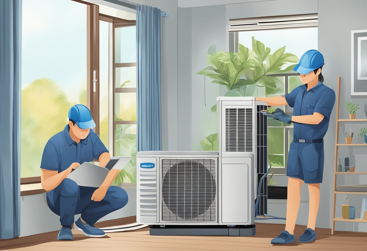 A technician installs and maintains an air conditioning unit in a Singaporean home