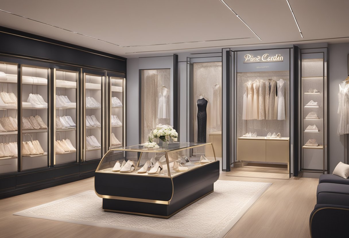 A display of Pierre Cardin lingerie in a sleek, modern boutique in Singapore. Bright lighting highlights the intricate lace and luxurious fabrics
