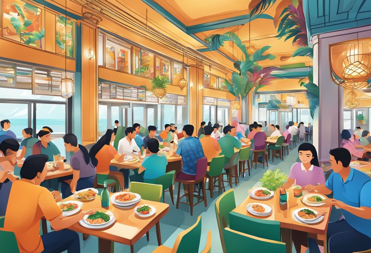 A bustling halal seafood restaurant in Singapore, with colorful decor and a lively atmosphere. Tables are filled with diners enjoying a variety of fresh seafood dishes