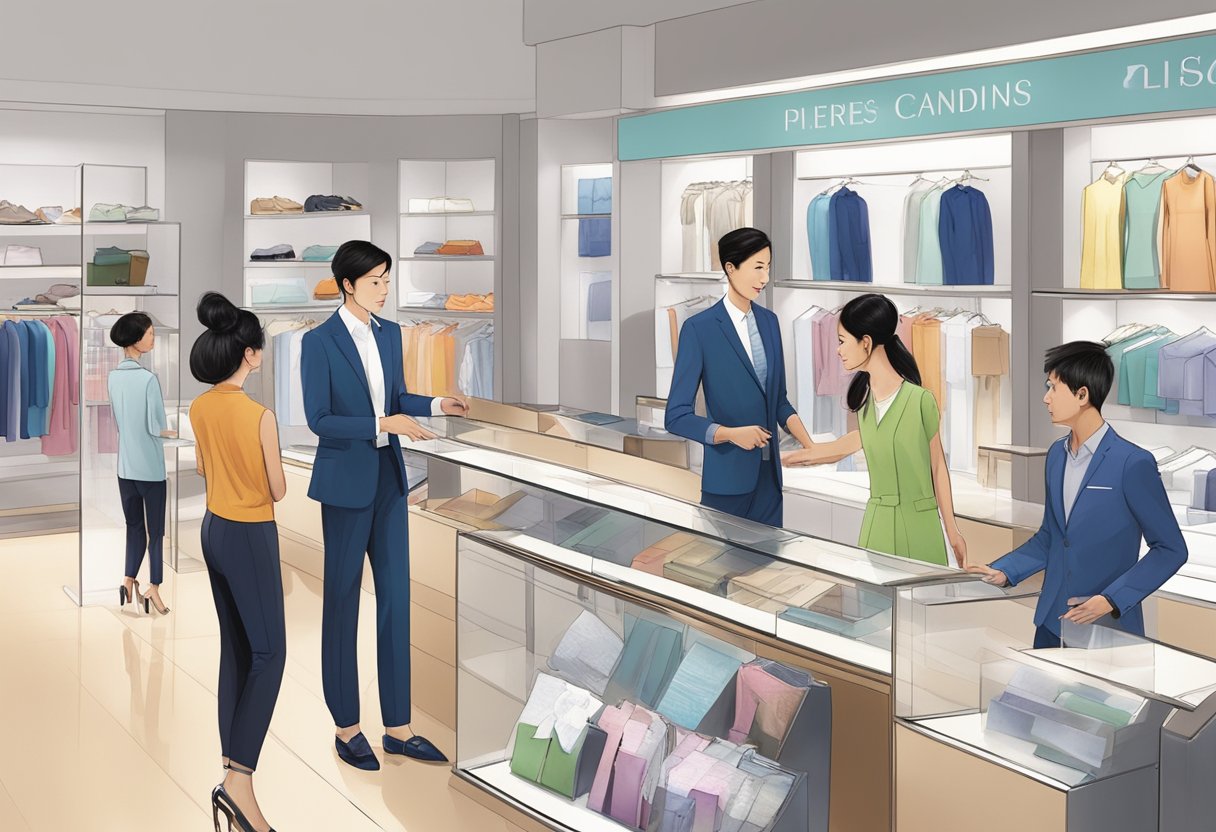 Customers browse displays, staff assist, and cashier processes sales at Pierre Cardin Singapore