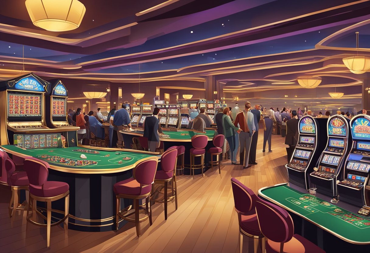 A bustling casino floor with rows of slot machines and gaming tables, surrounded by elegant restaurants and entertainment venues