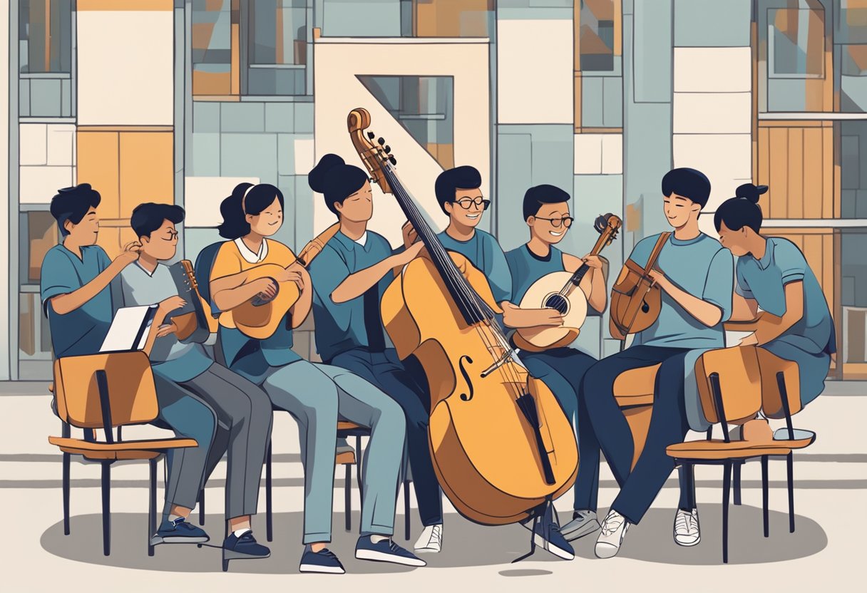 A group of diverse students, instruments in hand, gather around a sign that reads "Frequently Asked Questions music school singapore." The school's logo is prominently displayed, and a sense of excitement and anticipation fills the air