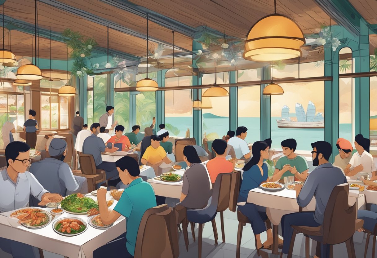 Customers enjoying a variety of halal seafood dishes at a bustling restaurant in Singapore. The vibrant atmosphere and delicious aromas fill the air as diners savor their meals