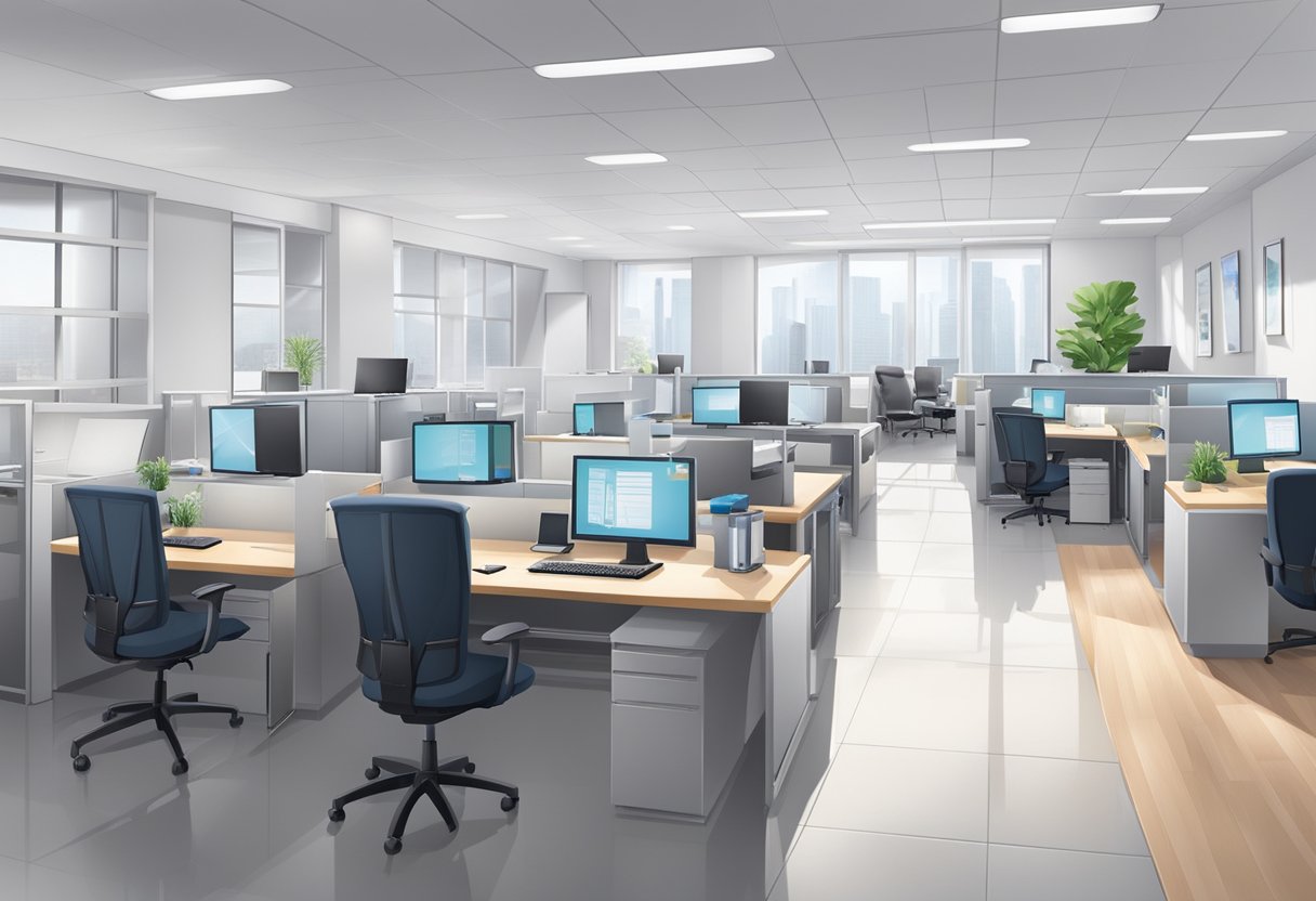 The office space is immaculately clean, with sanitized surfaces and sparkling floors. All safety signs and equipment are visible and accessible