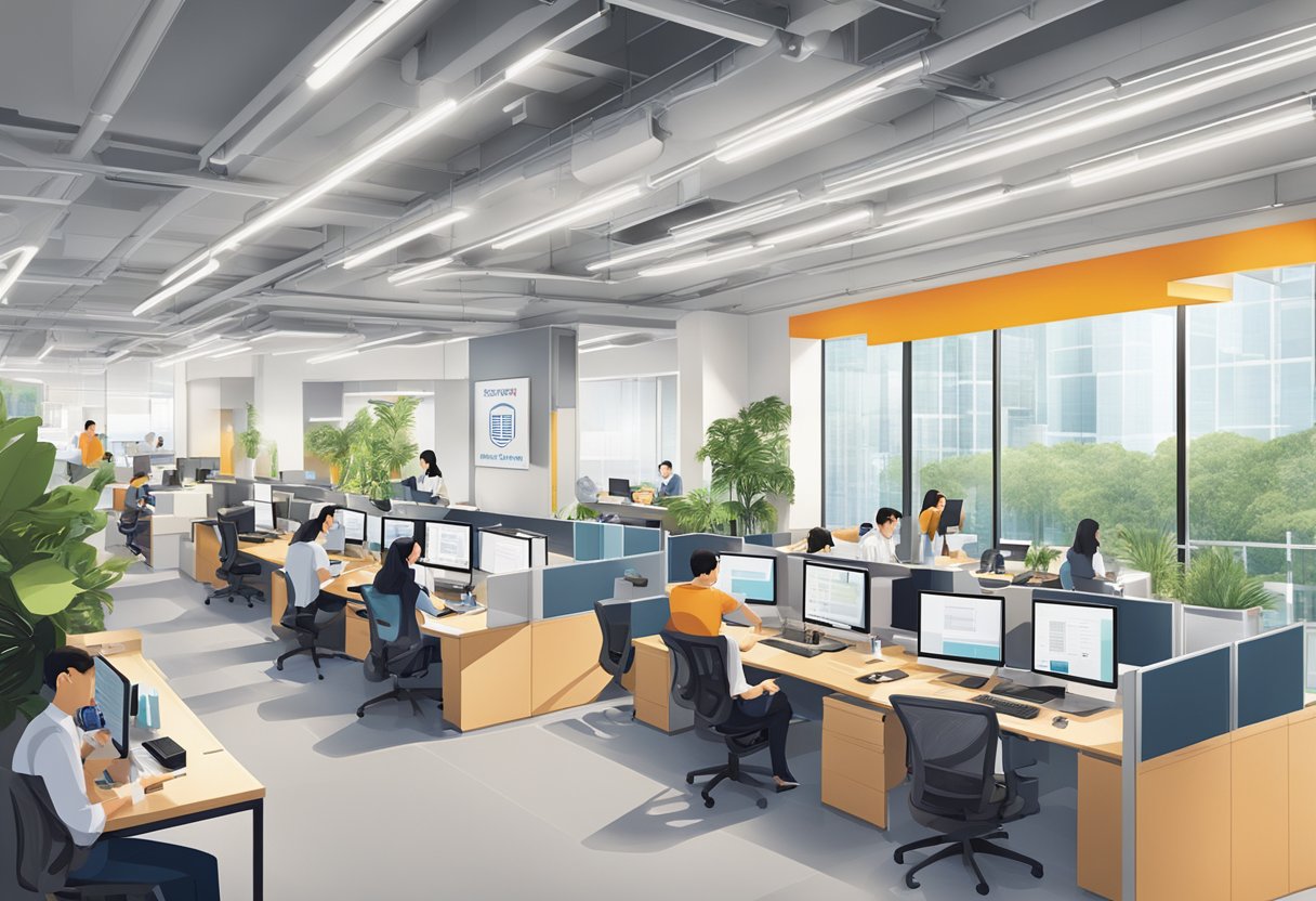 The bustling Amazon Singapore office, with employees engaged in work, surrounded by vibrant branding and signage, exudes a professional and dynamic atmosphere