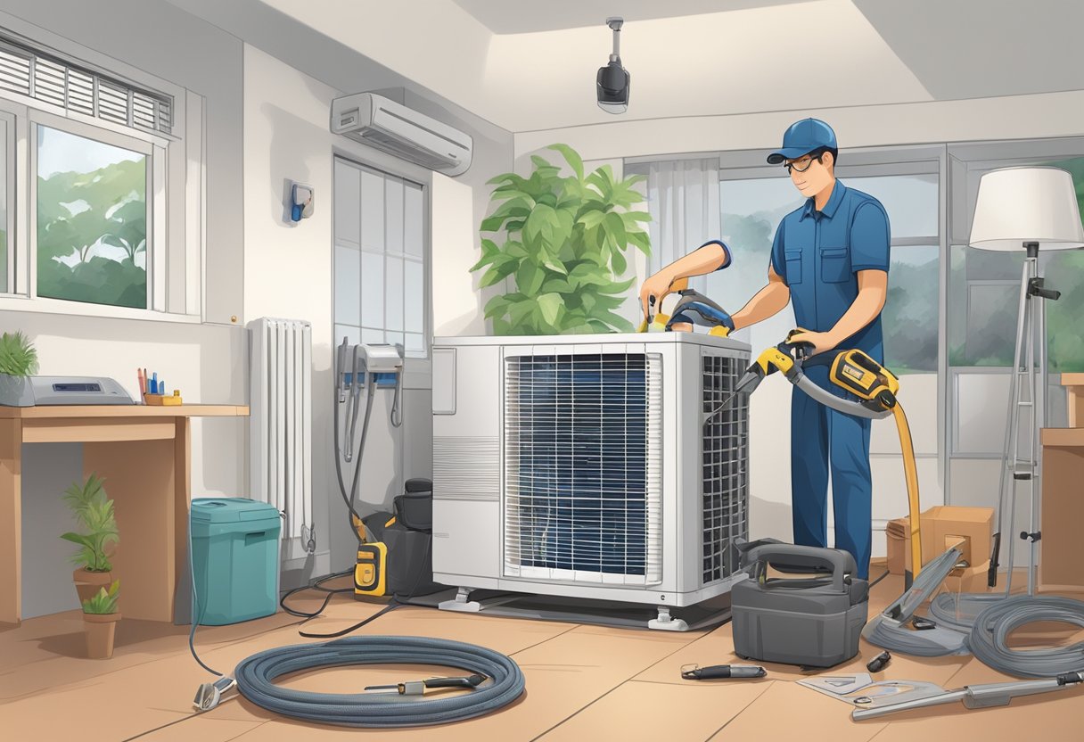A technician installs an air conditioning unit in a Singaporean home, surrounded by tools and equipment