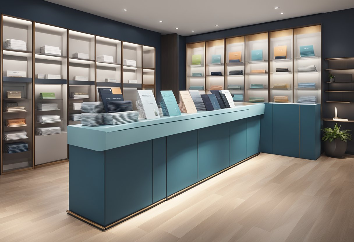 A stack of brochures with "Frequently Asked Questions" on a sleek Pierre Cardin counter in a stylish Singapore store