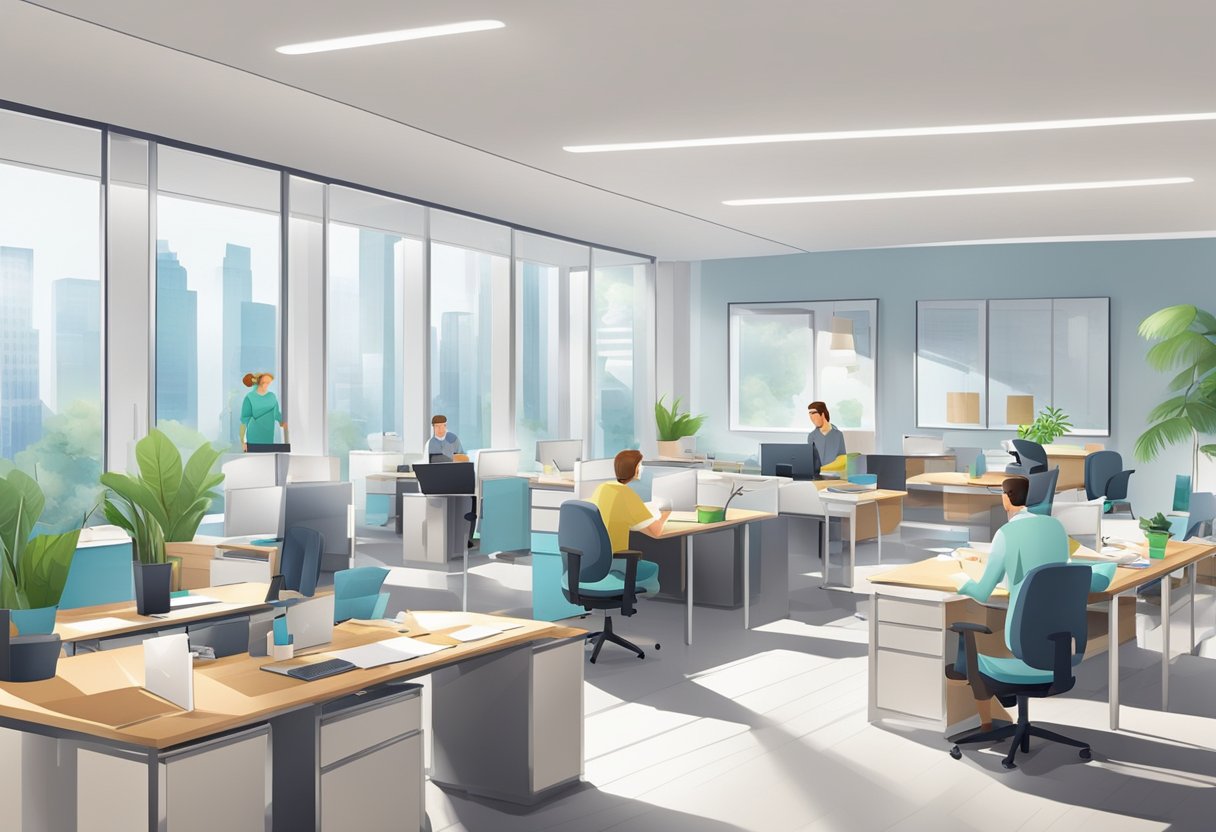 A clean and organized office space with a professional cleaning crew at work. Desks, floors, and surfaces are spotless, and the air is fresh