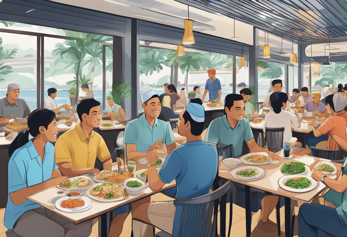 Customers enjoying halal seafood dishes at a bustling restaurant in Singapore, with a diverse menu and a welcoming atmosphere