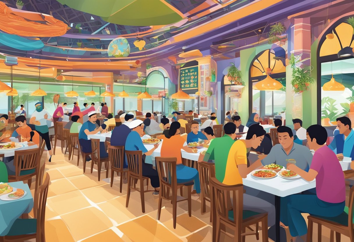 A bustling halal seafood restaurant in Singapore, with diners enjoying their meals and staff busy serving customers. The restaurant is adorned with colorful decor and a lively atmosphere