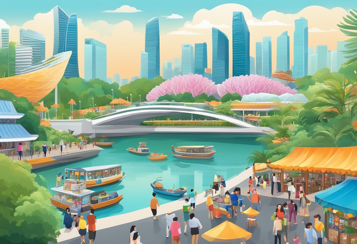 A bustling cityscape of Singapore with iconic landmarks like the Marina Bay Sands, Gardens by the Bay, and bustling streets filled with colorful shops and vibrant street life