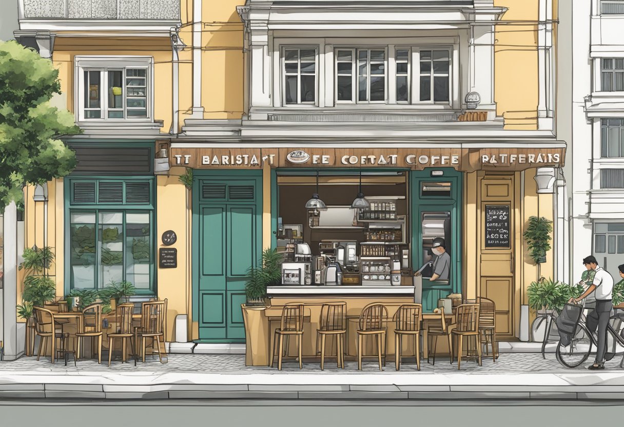 A bustling coffee shop on Tras Street, Singapore. A sign with "Baristart Coffee" hangs above the entrance. Street address 65 is visible
