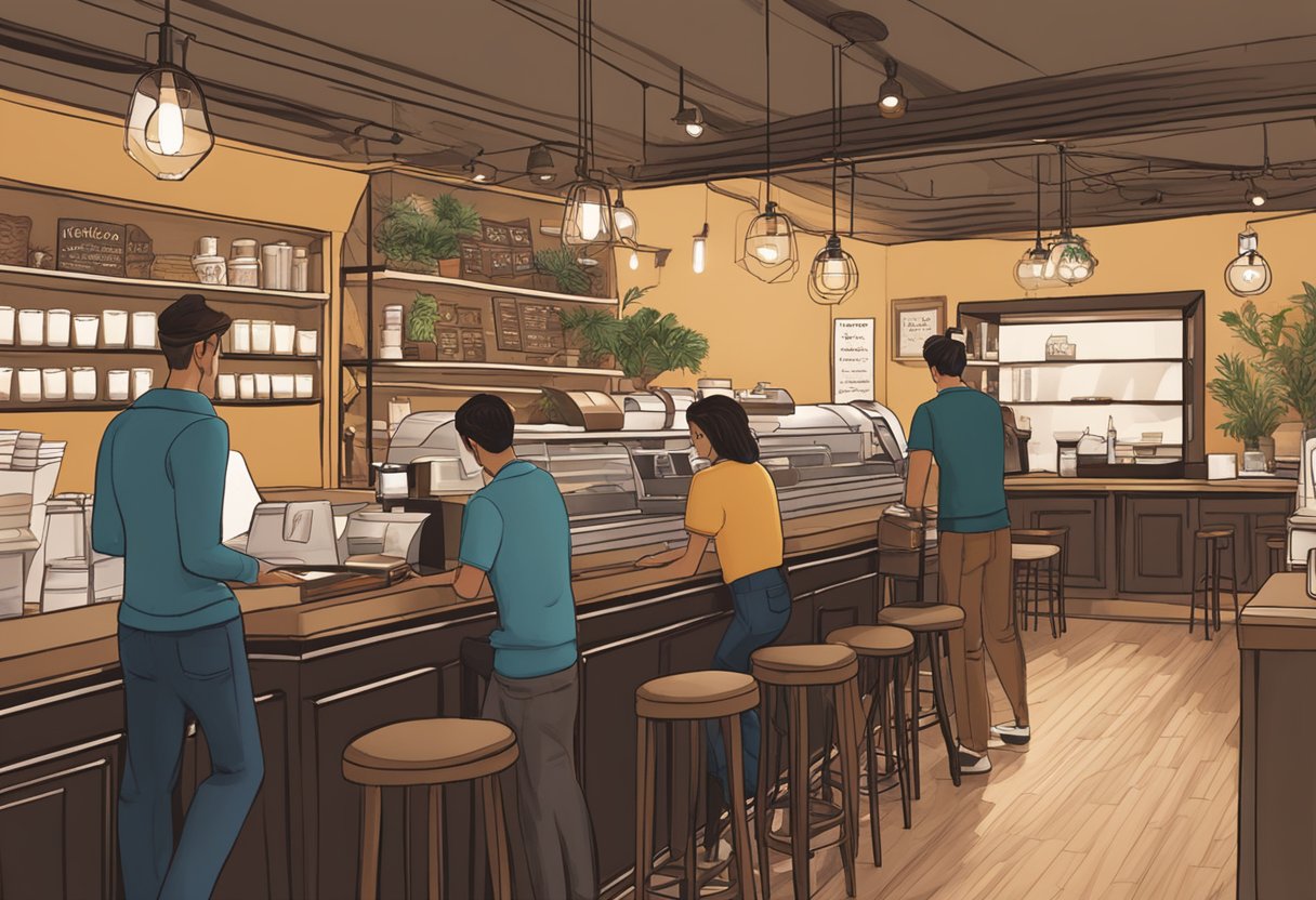 Customers perusing the menu at Baristart Coffee, with a barista behind the counter. Tables and chairs fill the cozy space, with warm lighting and a welcoming atmosphere