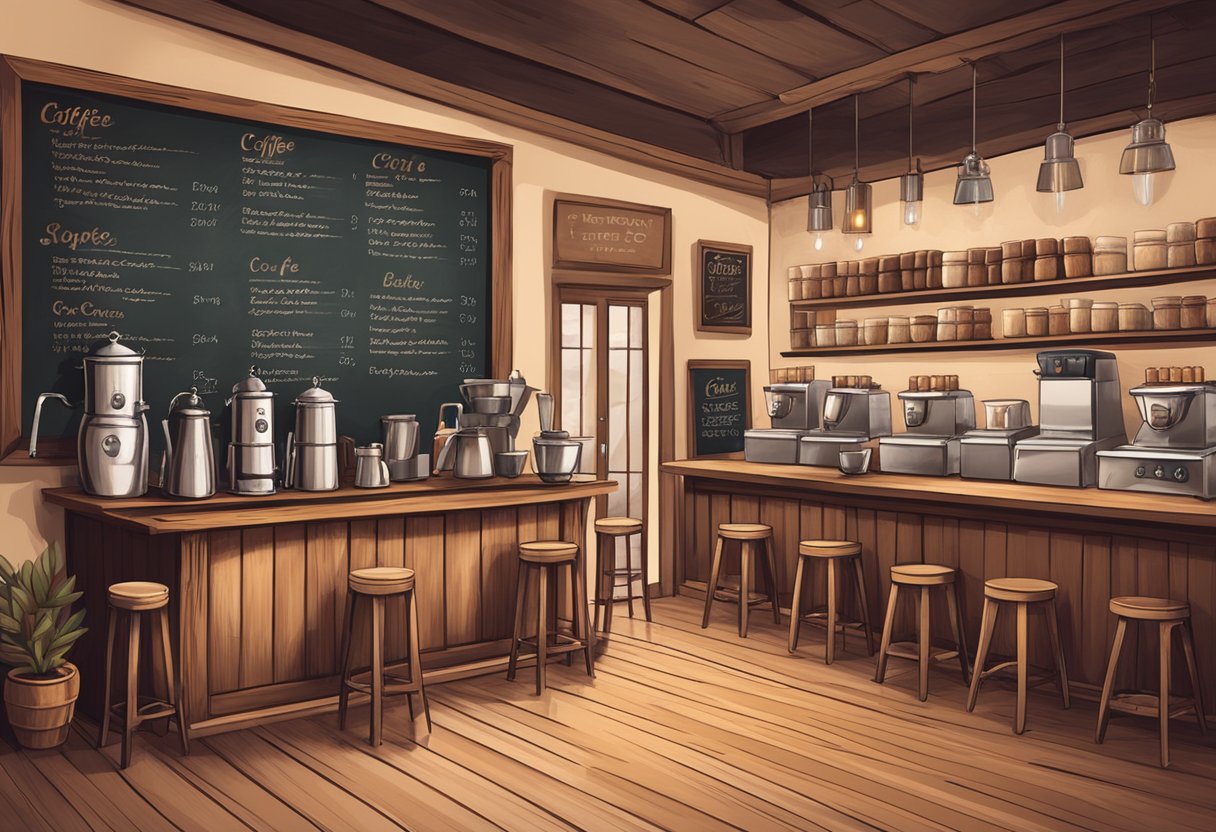 A cozy coffee shop with rustic decor, wooden tables, and a display of coffee beans and brewing equipment. A chalkboard menu lists various coffee drinks