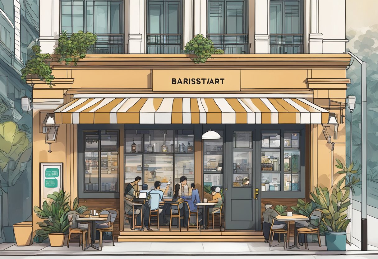 A bustling coffee shop on Tras Street in Singapore with a prominent sign reading "Baristart Coffee." The exterior is adorned with modern architecture and large windows, allowing a glimpse of the vibrant interior