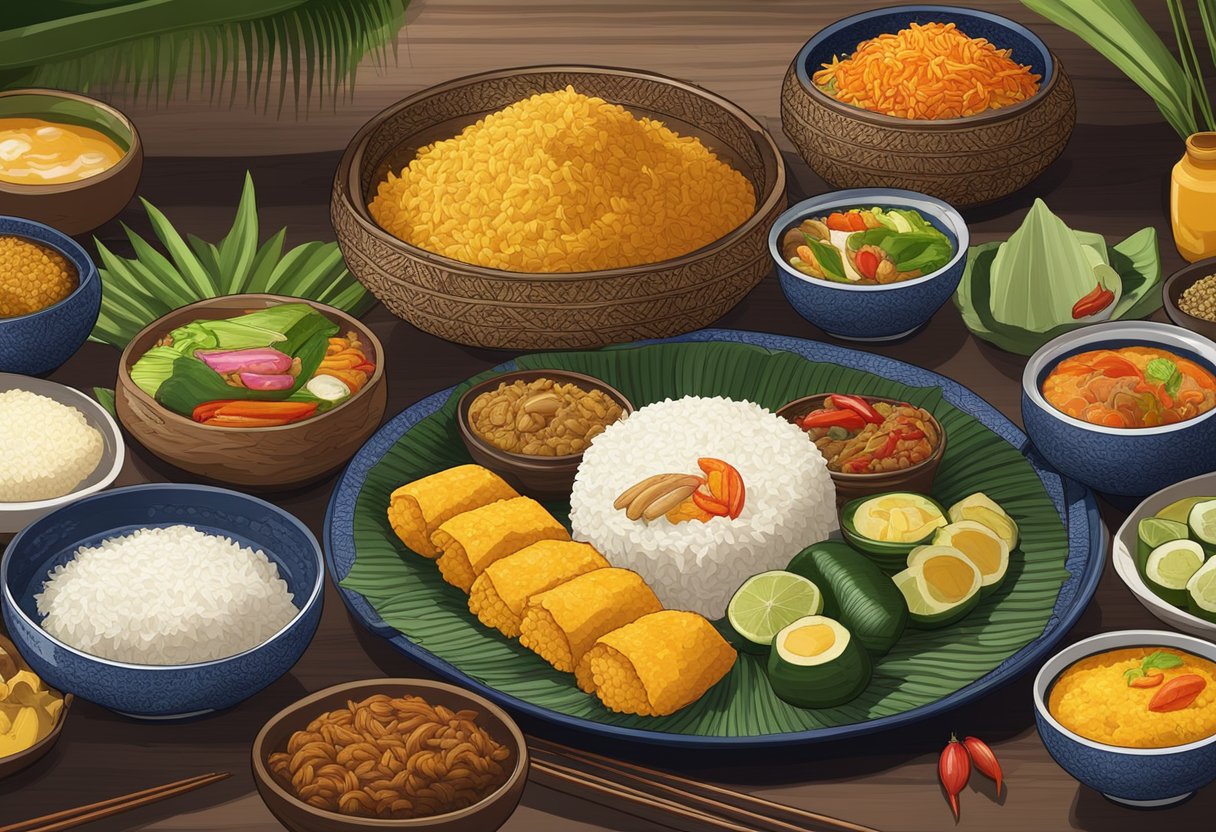 A table set with colorful plates of nasi ambeng, surrounded by bowls of condiments and traditional Malay dishes