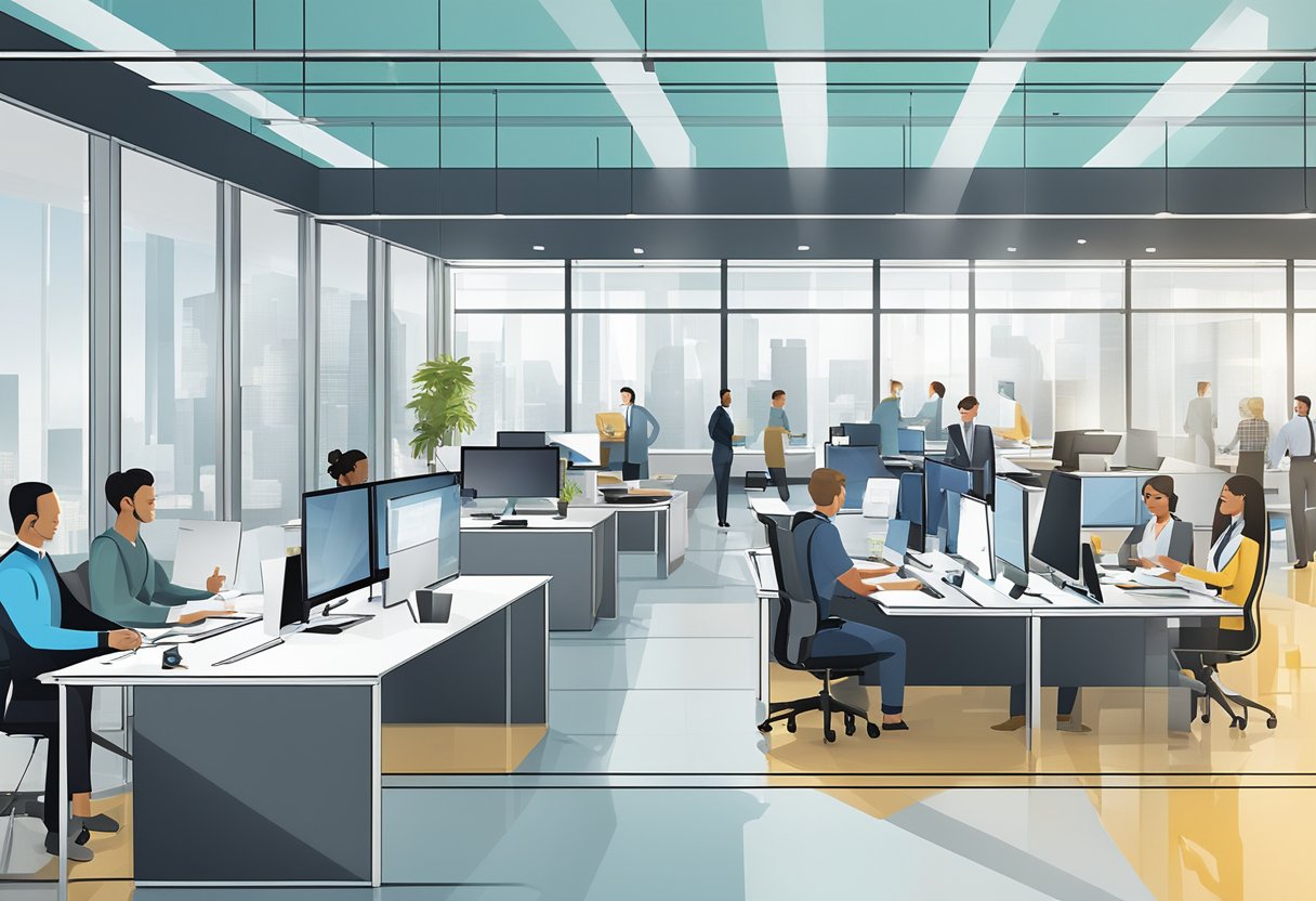 A bustling office with employees collaborating in open workspaces, while others engage in meetings in glass-walled conference rooms. Technology and modern design elements are evident throughout the space