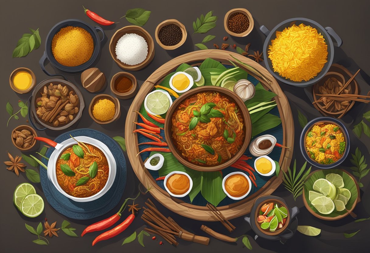 A table set with colorful dishes of Nasi Ambeng, surrounded by vibrant spices and traditional Malay utensils