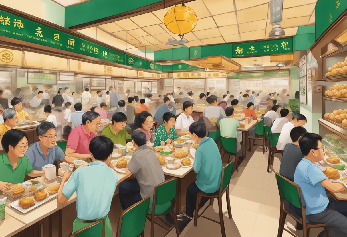 The bustling interior of Tim Ho Wan Singapore, filled with steaming dim sum carts and diners enjoying their delicious meals