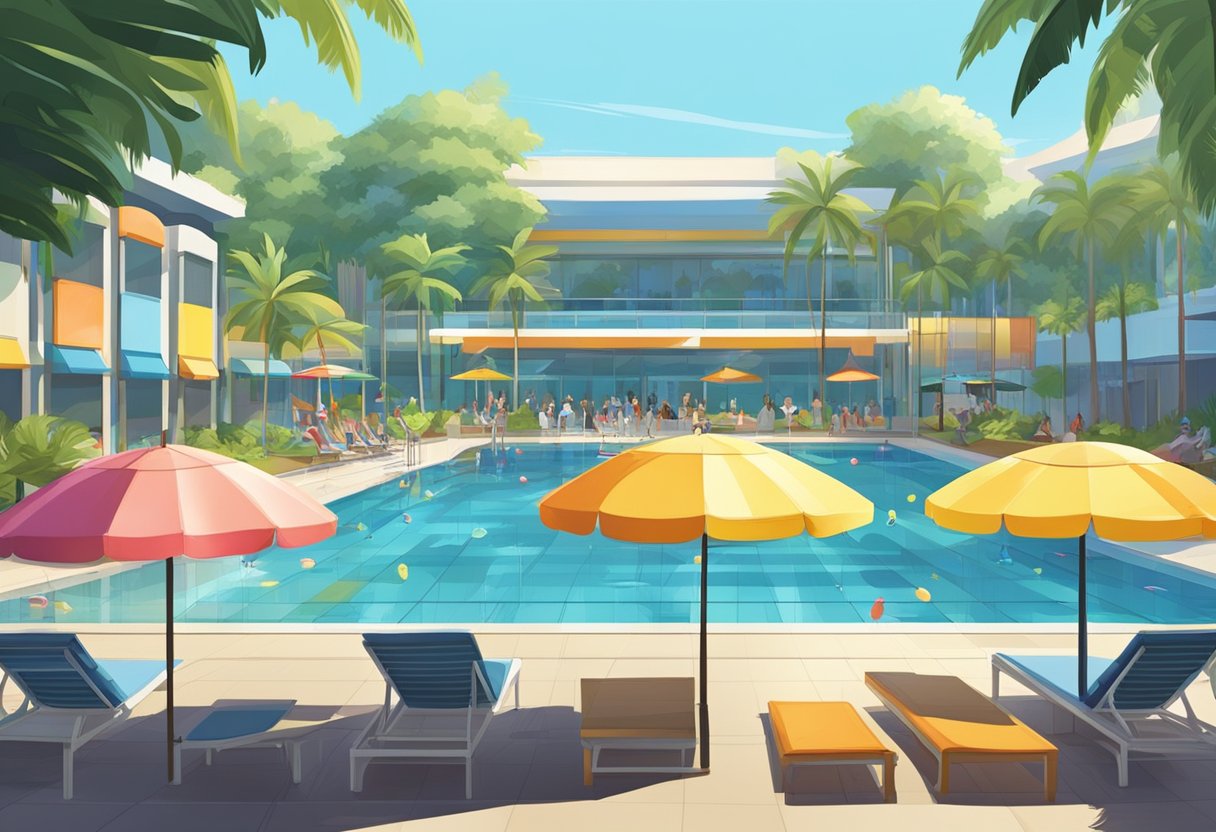 A sunny public swimming pool in Singapore with clear blue water, surrounded by palm trees and colorful umbrellas