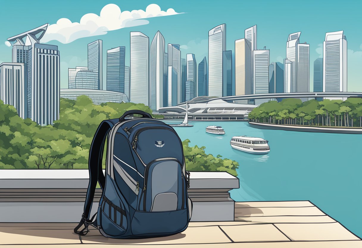 An Osprey backpack sits against the backdrop of Singapore's skyline, with iconic landmarks like the Marina Bay Sands and the Singapore Flyer visible in the distance