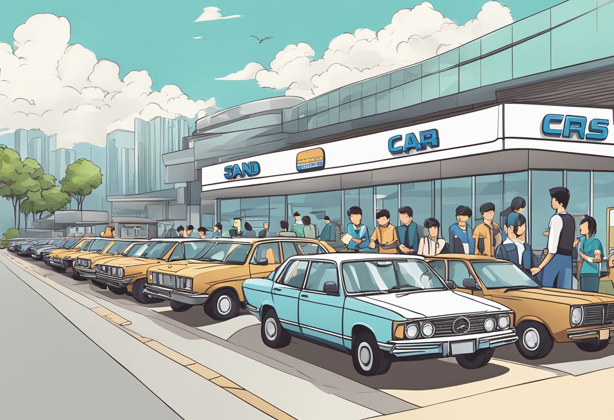 A used car dealership in Singapore, with rows of vehicles, sales staff assisting customers, and a sign displaying "2nd Hand Cars Singapore."