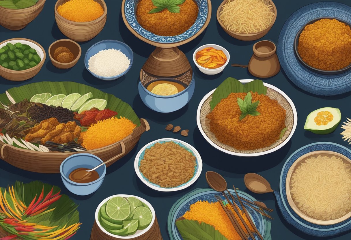 A table set with vibrant nasi ambeng dishes, surrounded by colorful batik cloths and traditional Malay utensils